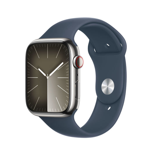 Apple Watch Series 9 GPS + Cellular 45mm Silver Stainless Steel Case w/ Storm Blue Sport Band - S/M